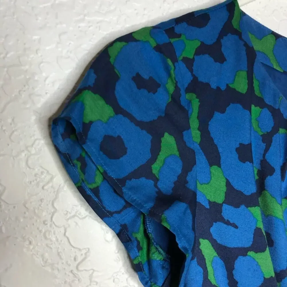Boden blue green floral cap sleeve silk blend dress size 2R
